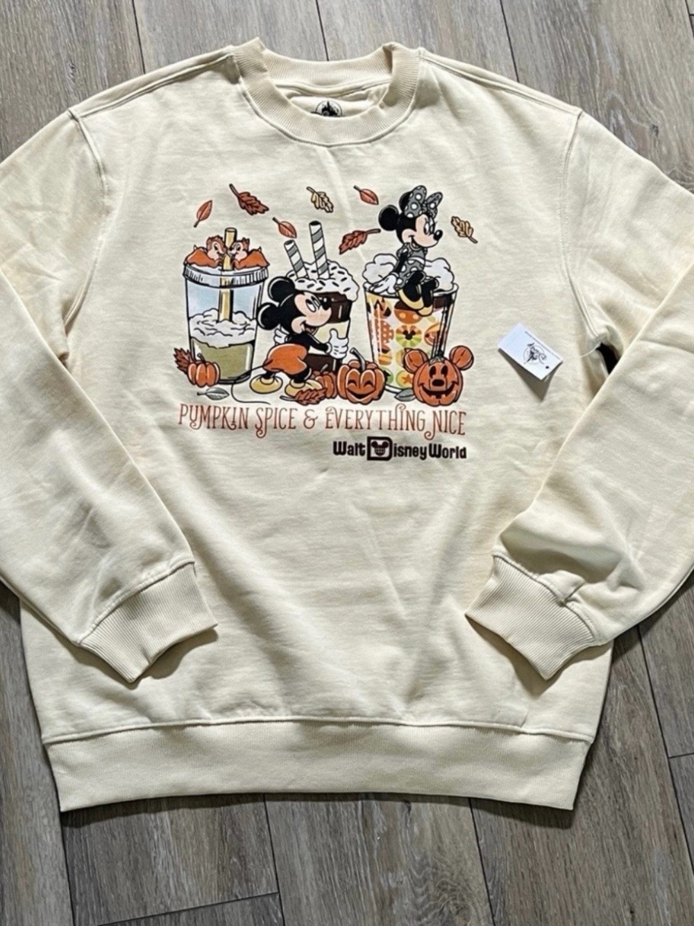 NWT DISNEY PARKS Pumpkin Spice & Everything Nice Cream Sweatshirt XL - Picture 1 of 2